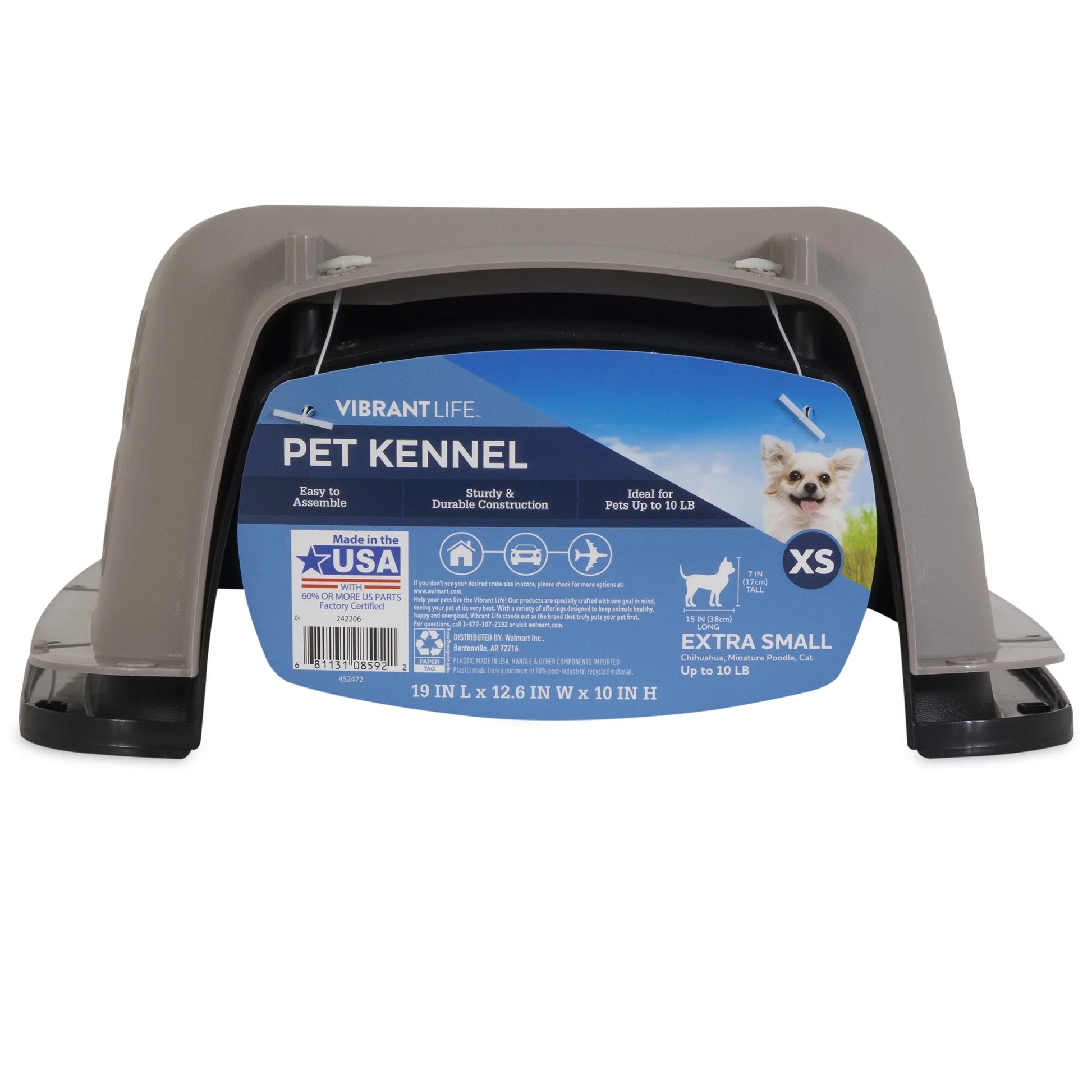 Vibrant Life Extra Small Hard-Sided Pet Kennel - Durable Travel Carrier for Dogs & Cats up to 10 lbs - Black & Grey, 19" L x 12.3" W x 10.8" H